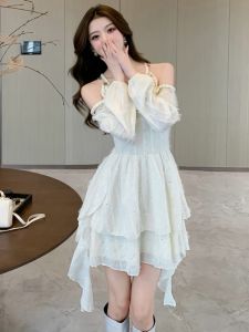 Elegant French Style Sweet Shoulder Bared Waist Cinched Long Sleeve Short Dress Women Pure Desire Fashion Ladylike Skirt