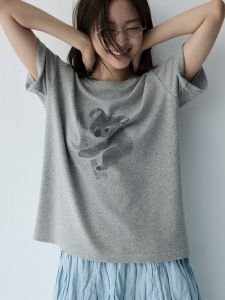 HAVERICE | Summer New Flax-Cotton Blend Loose Koala Printed Gray Short Sleeve T-shirt