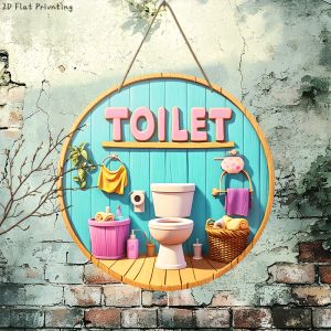 CIFbuy | Toilet Wooden Round Sign 2D Flat Bathroom Decor Wall Art Funny Gift
