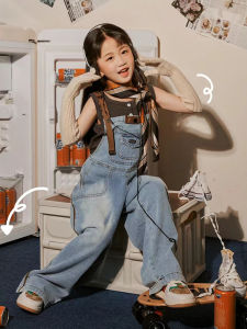 Girls American Retro Style Denim Overalls Set Thin Casual Long Pants Student Personalized Trousers Childrens Clothing