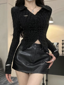 Spicy Girl Long Sleeve Slim Fit V-neck Shirt Womens Base Layer Top Short Style Autumn Winter New Arrival Checkered Pattern