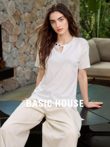 Basic House | White Lace-up Round Neck Short Sleeve T-shirt