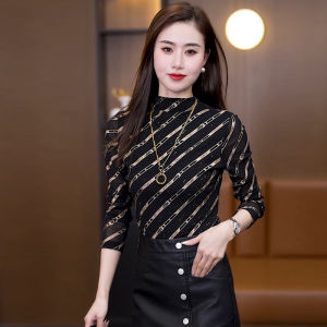 Womens Thickened Half High Collar Fleece Lined Shiny Rhinestone Base Shirt Fashionable Warm Inner Wear Korean Style Long Sleeve