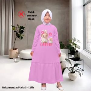 Baju Gamis Anak Perempuan Terlaris Pakaian Fashion Muslim Terbaru Motif LABUBU Viral Usia 3-12 Tahun