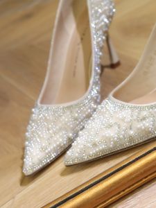 รองเท้าส้นสูงคริสตัลสไตล์เจ้าหญิง ผู้หญิง รองเท้าแต่งงานประดับมุก สำหรับงานกลางคืน รองเท้าเจ้าสาวหมั้นปาร์ตี้ ทันสมัย