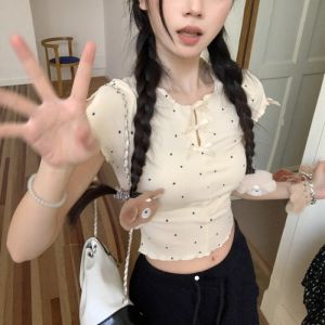 CHOEFULYN | Polka Dot Bow Short Sleeve T-shirt Slim Fit