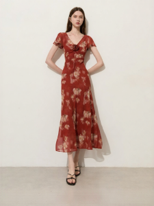 D-PLAY | Resort Collection V-Neck Ruffle Sleeve Red Fitted Dress