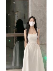 White Strapless A-Line French Waist Design Summer New Womens Dress Commute Style High Waist Backless Long Skirt