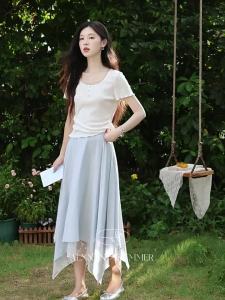 Chân Váy Dài Không Đều Phối Tulle Xanh Dáng Suông Giảm Cân Mùa Hè