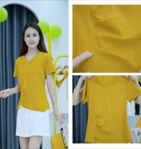 Slim Fit V-Neck Short Sleeve T-Shirt Women Summer Design Asymmetrical Pleated Meat Concealing Thinming Versatile Top