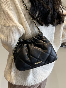 Fashionable Small Square Grid Chain Bag Womens New Autumn Winter Simple Bucket Bag Versatile Single Shoulder Bag Soft PU Leather