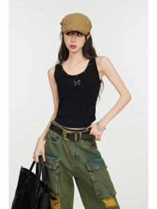 American Style Knitted Black Strap Vest Women Summer Sleeveless Work Design Bottoming Outerwear Sensation Top round Neck Short Sleeve