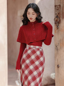 Christmas Wear Red Super Nice Dress Womens Small Dress Two-piece Set Winter Deep Winter Clothes Matching a Set