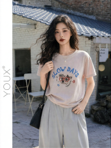 YOUXIANG | Áo Thun Cổ Tròn Tay Ngắn In Hình Chó Phong Cách Hàn Quốc