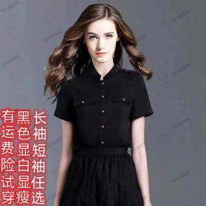 เสื้อเชิ้ตคอตั้งทรงสลิมฟิตสีดำ แขนสั้น ผ้าอะซิเตท แฟชั่นฤดูใบไม้ผลิและฤดูร้อน เสื้อเชิ้ตผู้หญิง ทรงเข้ารูป เสื้อเชิ้ตคอตั้ง