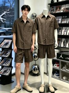 OUMULONG | Summer Loose Feel Shirt Set Male Light Brown Linen Ice Silk 2 Pieces
