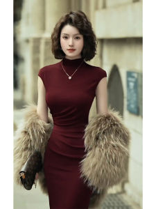 SHANGSHA | Luxurious Stylish Red Waist-Cinching Dress