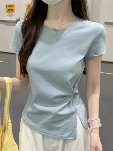 Korean Style round Neck Waist-Cut Short Sleeve T-Shirt Womens Knot Design Asymmetrical Side Split Casual Summer Top