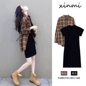 Early Autumn Tea Tone Two-Piece Set Womens Fashion Korean Style Dress And Shirt Combo Medium Weight Regular Fit Casual Wear