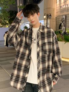 Plaid Long Sleeve Shirt Mens Stylish Hong Kong Style Jacket Spring New Arrival Casual Loose Fit Button Decoration Iron Free