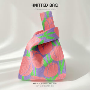 Urban Simple Style Knitted Handbag Ball Flower Pattern Versatile Handheld Wristlet Bag Commuting Bag Gift Bag Soft Polyester