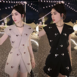 Fashionable Spicy Girl Sequin Belly-Baring Tank Cardigan Shorts Set Womens Summer New Style Sleeveless Top Two-Piece Set