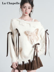 La Chapelle | Lazzy Loose Butterfly Embroidery Off-Shoulder Warm Sweater