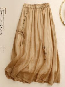 Ethnic Style Cotton and Linen Skirt Womens Summer New Arrival Artsy Embroider Linen Dress Chinese Drape Ramie Long Skirt