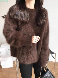 Fall and Winter New Lazy Wind Loose Artificial Mink Fur Sweater Womens Mid-Length Outwear Base Ride Thickened Knitting Tops
