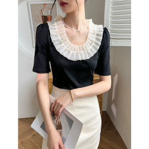 Black Pearl Lace Short Sleeve Base Shirt Womens Summer 2025 New Style Slim Fit Inner Wear T-Shirt Casual Style Pure Color