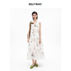 Tencel Blend French Style Puppy Print U-Neck Dress
