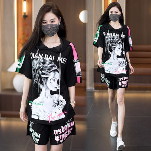 ชุดสองชิ้นแฟชั่นลำลองฤดูร้อนสำหรับผู้หญิงไซส์ใหญ่ ทรงหลวม ทรงเอวสูง แขนสั้น ปกโปโล ชุดสองชิ้น ชุดกระโปรงสั้น