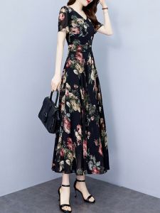 Floral Print Chiffon Dress Womens Summer Slimming Waist High Waist Short Sleeve Mid-Length A-Line Skirt Korean Style V-Neck