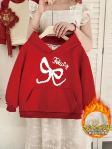 Fashionable Girls Hoodie Half High Collar New Year Red Outfit with Butterfly Knot Warm Cotton Blend Machine Washable Kids Clothing