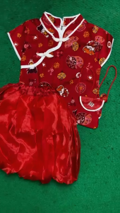 Stelan Baju Cina Anak Perempuan Model Rok Balon+Tas Usia 6 Bulan Sampai 7 Tahun Bahan Katun Motif Desain Gong Xi Facai Elegan