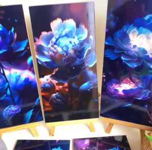 RUNABEE HIASAN DINDING DEKORATIF ABSTRAK WALL ART REALISTIK AESTHETIC FLOWER DARK BLUE PEONI KAYU