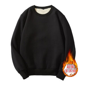 Thickened Lamb Velvet Fleece Hoodless Sweatshirt Mens Loose Fit Warm Clothes Black Color round Neck Pullover for Autumn Winter