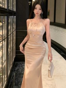 French Elegant Off-Shoulder Bridesmaid Dress Womens Body-Shaping Wrap around Long Skirt High Waist Gored Polyester Spring Autumn