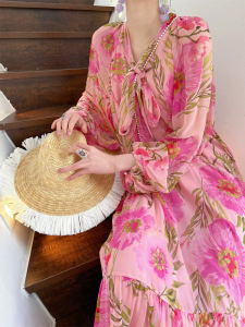 Spring Womens Soft Tea Break French Loose Slimming Beach Vacation Pink Floral Dress Small Design A-Line Skirt Long Sleeve