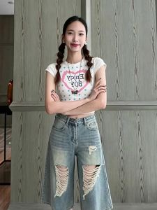 MANMI | Quần Jeans Đùi Cao Rách Stretch Chân Rộng Thẳng Màu Xanh Vintage