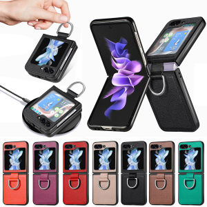 D-Ring Z Flip 5 6 7FE Leather Case Back Cover Lychee Grain Anti-Slip Anti-Fingerprint Samsung Galaxy Z Flip7 FE Casing Anti-Drop Durable Hard PC Protective Phone Case Accessories