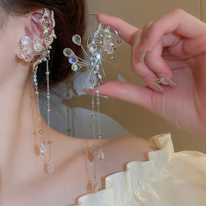 Butterfly Crystal Tassel Earrings Elf Ear Clip without Pierced Female New Arrival Ear Hanging Earrings for Bride Fancy Wedding Dress