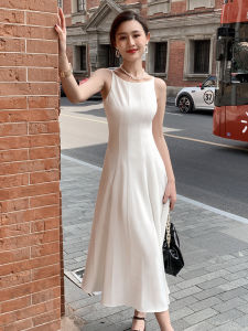 White Sling Dress with High Waist Zipper Polyester Fiber Long Dress for Women Sleeveless Summer Party Dress