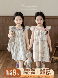 Sweet Cute Butterfly Knot Floral Skirt Summer Dress for Girls with Flying Sleeves 3D Edge Cotton Blend Fabric Childrens Clothing