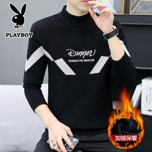 Playboy Men Sweater Autumn and Winter Half Turtleneck Fleece-lined Thickened Single-Layer Fleece-Lined Knitwear Woolen Sweater Top Clothes