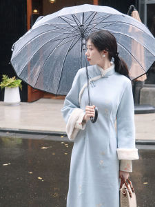 QianXin New Chinese Style Cheongsam Winter 2025 New Elegant Young Thickened Improved Blue for Young Girls Long Sleeve Long Dress