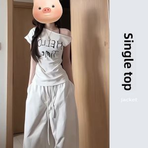 YUEZHONGWEI | Summer Short Sleeve T-shirt with Off-Shoulder Design and Letter Print