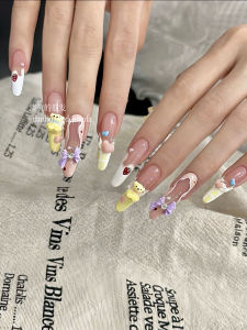 Fairy Tale Town | Handmade Wear Nail Summer Dopamine Bear Hand Painted French Cute Cartoon Almond Manicure