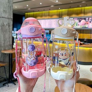 Cute Plastic Straw Water Cup for Children with Strap Kindergarten Girls Style Cartoon Design Daily Gift Normal Capacity