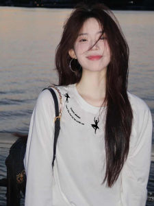 Pure Cotton Long Sleeve White T-Shirt Womens Spring Autumn Loose Thin Base Layer Top Casual Style round Neck Regular Length